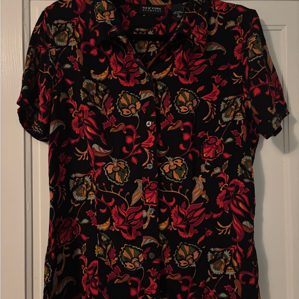 New York & Company Black and Red Button Down Shirt with Notched Collar